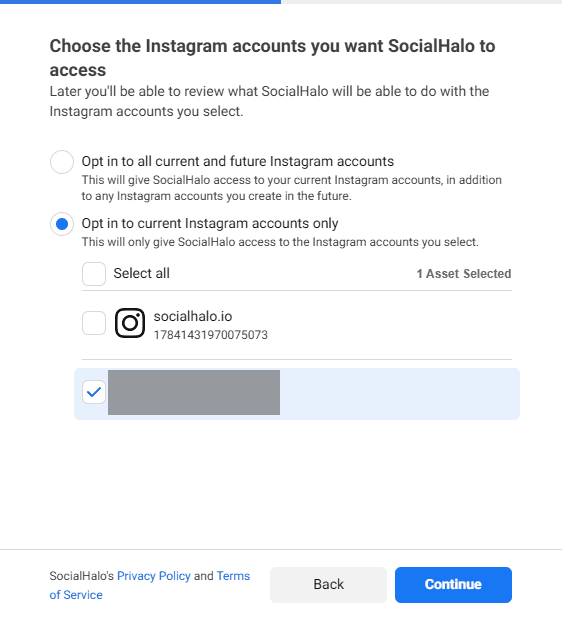 The same screen after selecting "Opt in to current Instagram accounts only". A list of Instagram accounts has appeared underneath, with a "Select all" control and a counter reading "1 Asset Selected".