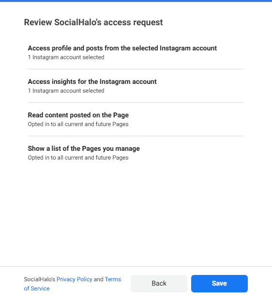 Facebook's "Review SocialHalo's access request" screen, listing four rows of read access with no controls to switch on or off.
